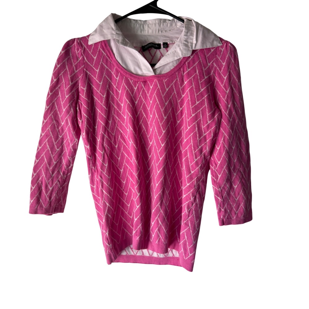 Notations Pink Wh‎ Argyle Knit Collared Sweater Top Small Preppy Coquette Career
